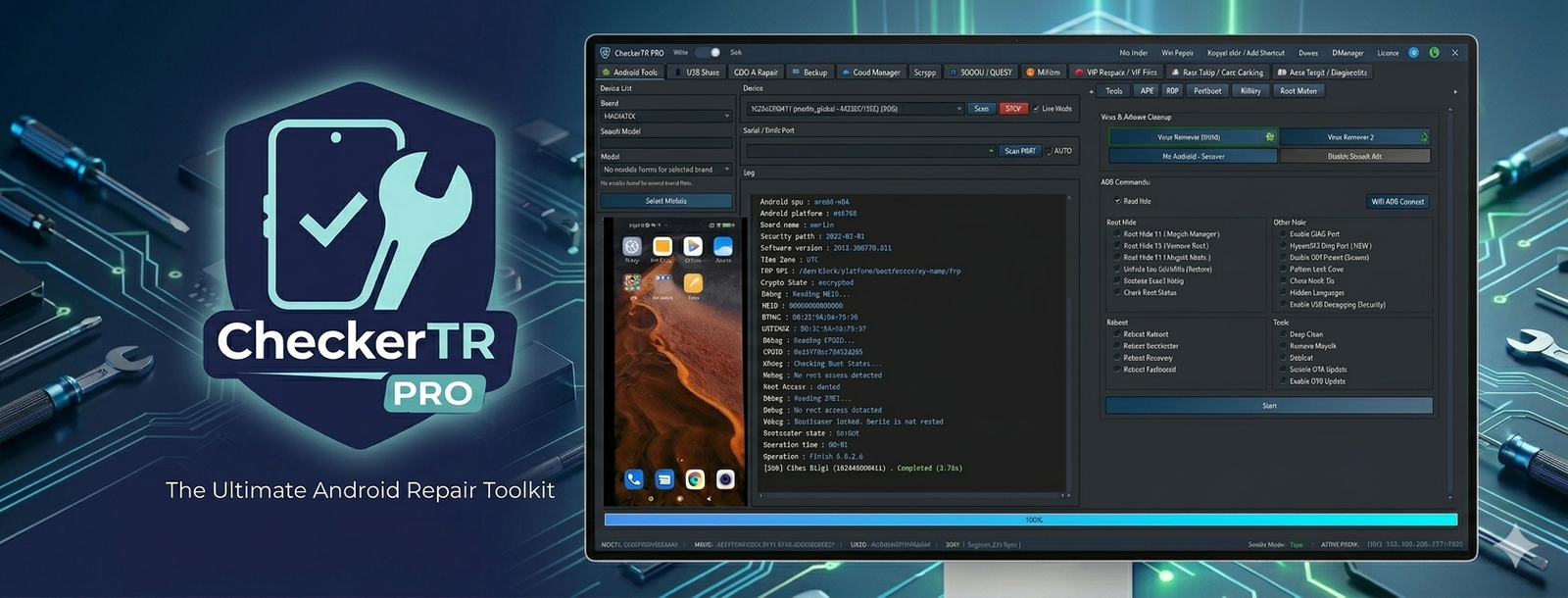 CheckerTR PRO desktop interface with Android Tools and service modules